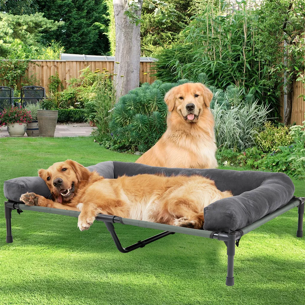 Dog Cooling Mat - BINGOPAW屋外用犬用ベッド、高床式冷却ペット用ラウンジャー、取り外し可能なプラッシュボルスター付きメッシュコット、キャンプ用睡眠用具